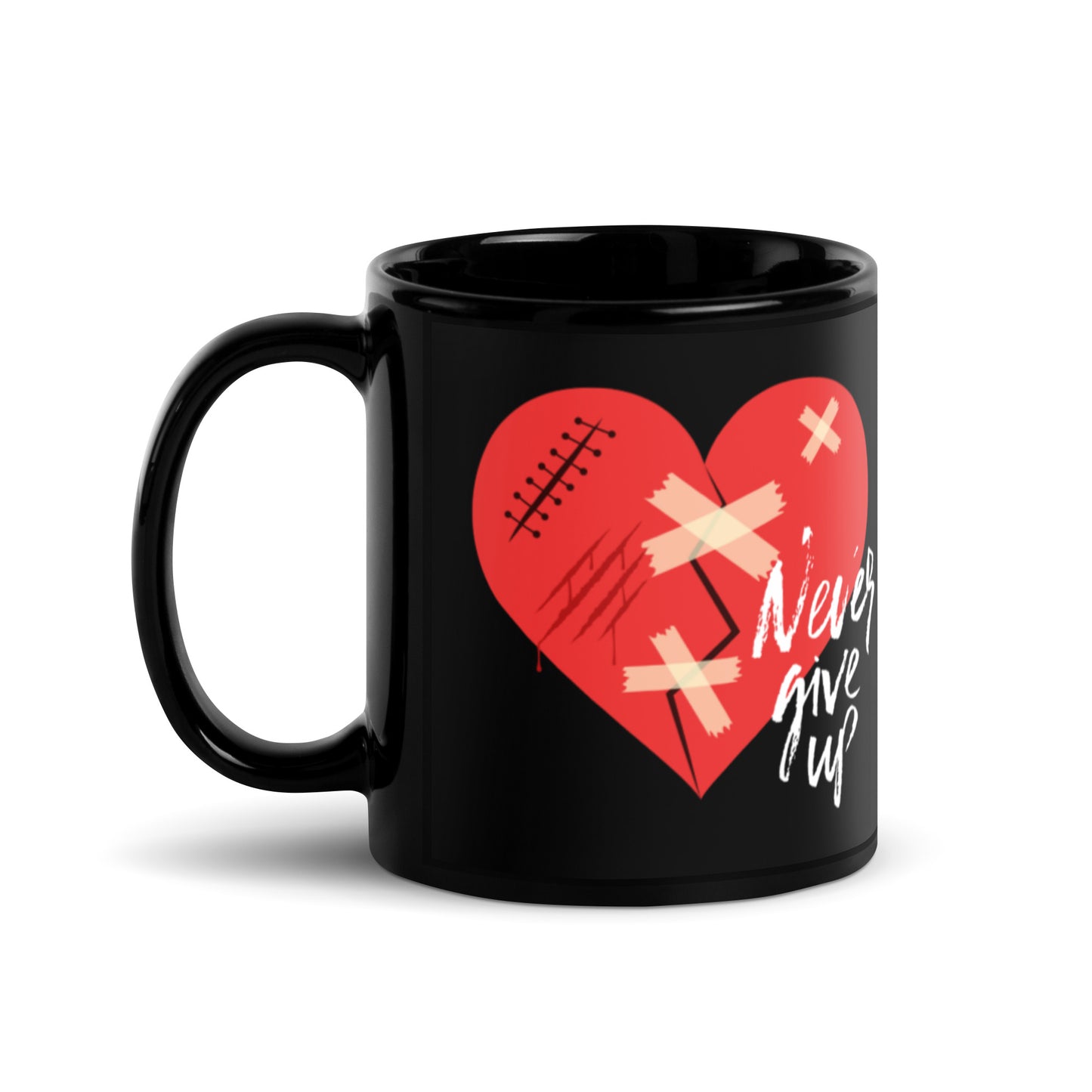 Never Give Up Black Glossy Mug