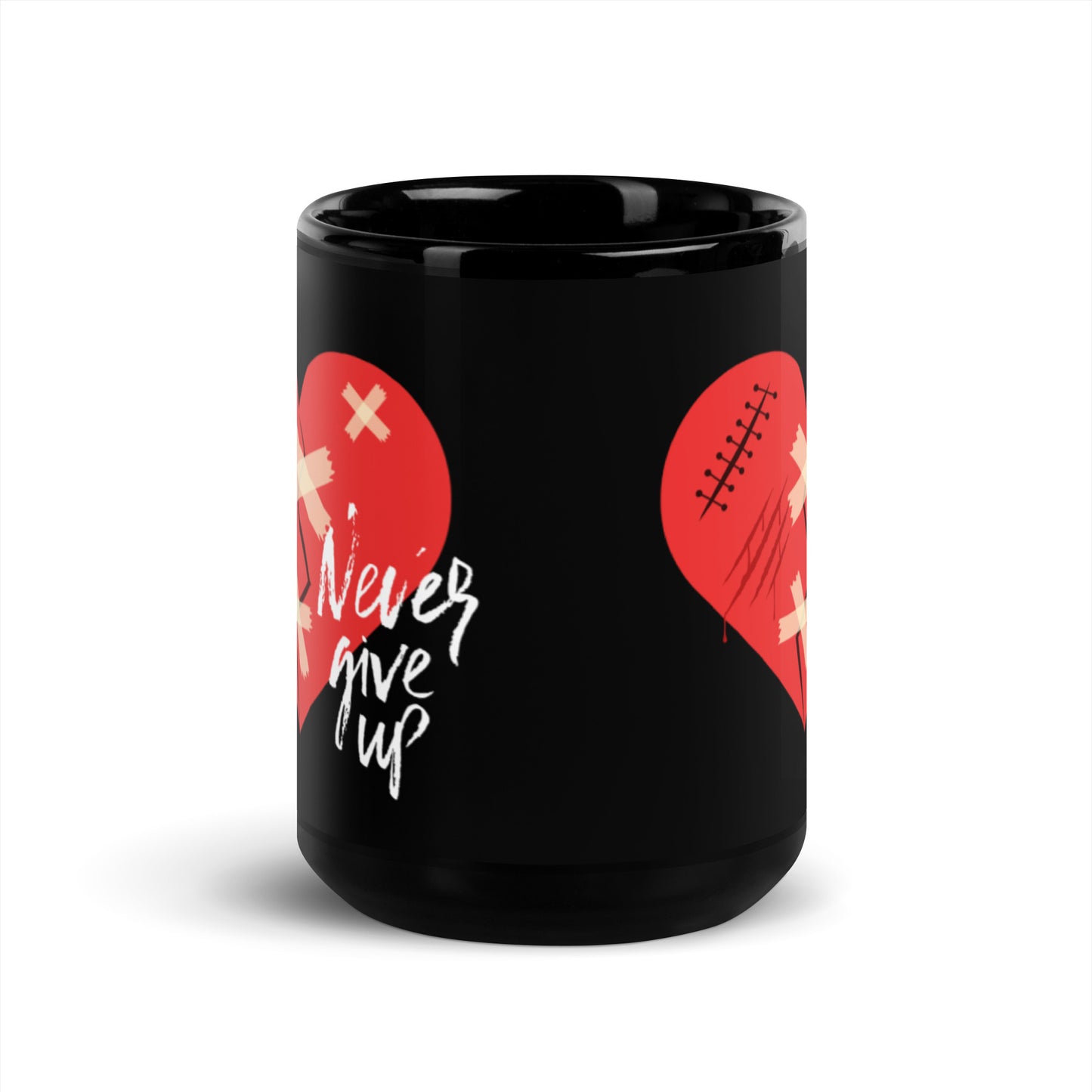 Never Give Up Black Glossy Mug