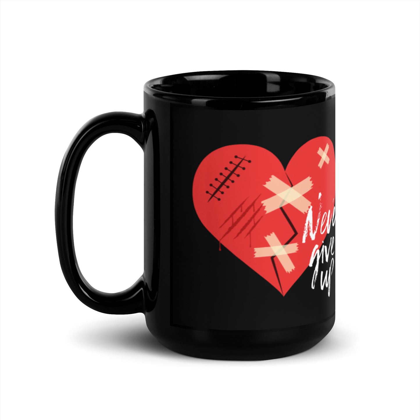 Never Give Up Black Glossy Mug