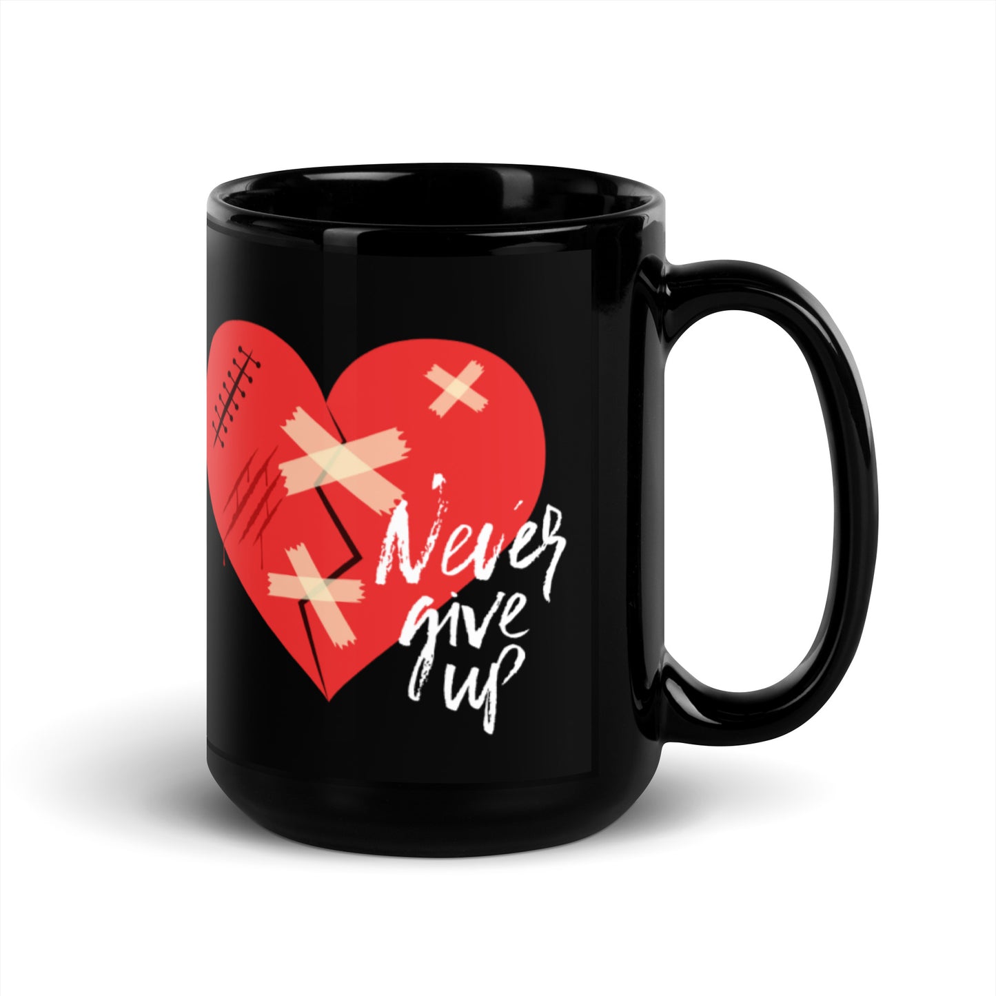 Never Give Up Black Glossy Mug