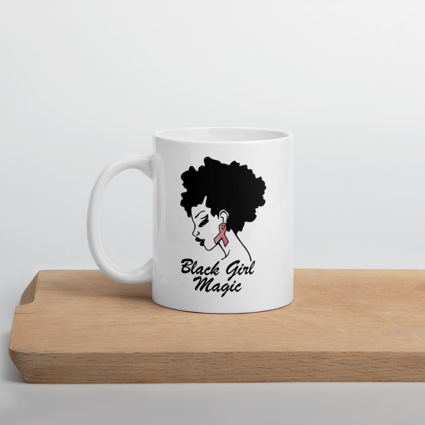 Black Girl Magic Breast Cancer Awareness White glossy mug