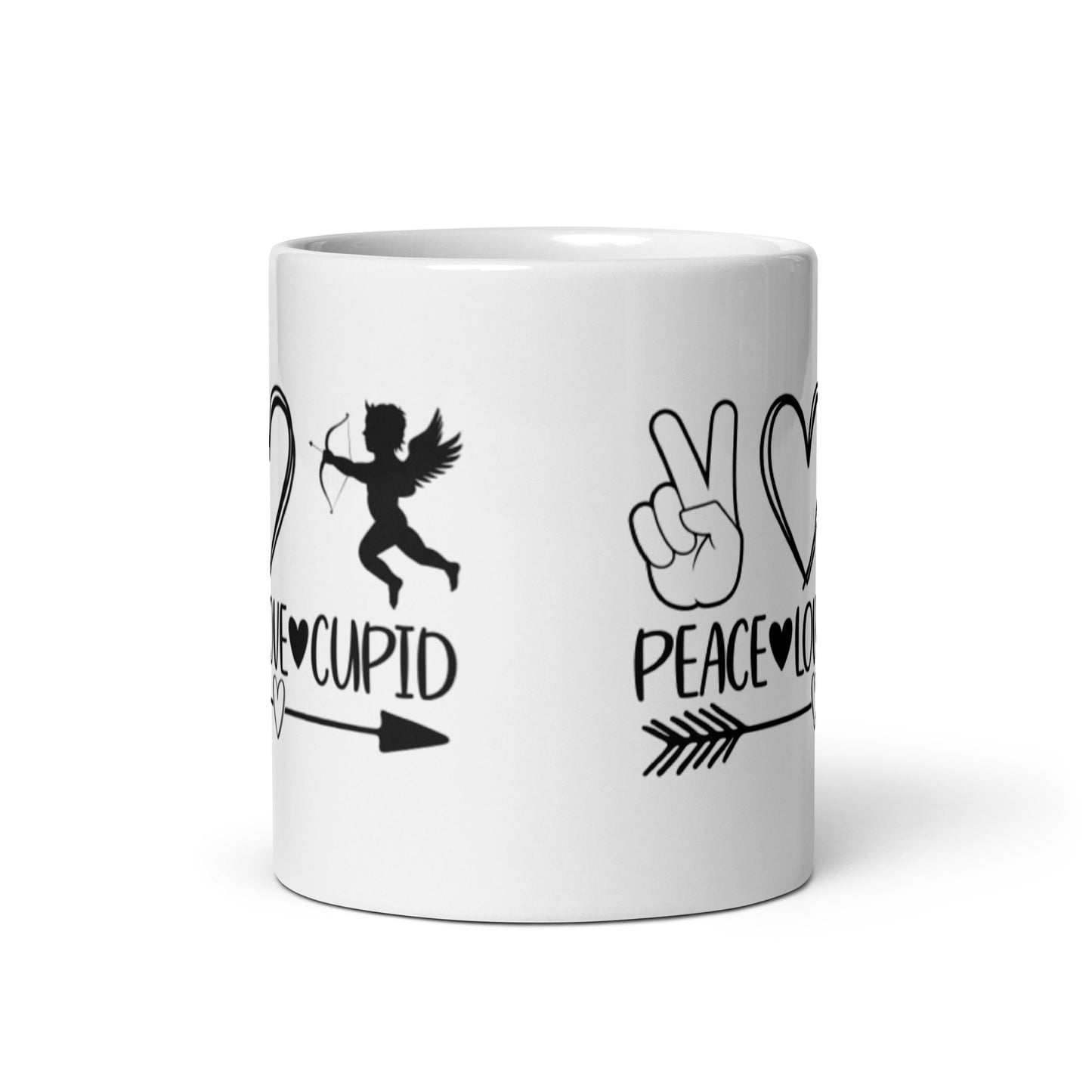Peace Love Cupid White glossy mug
