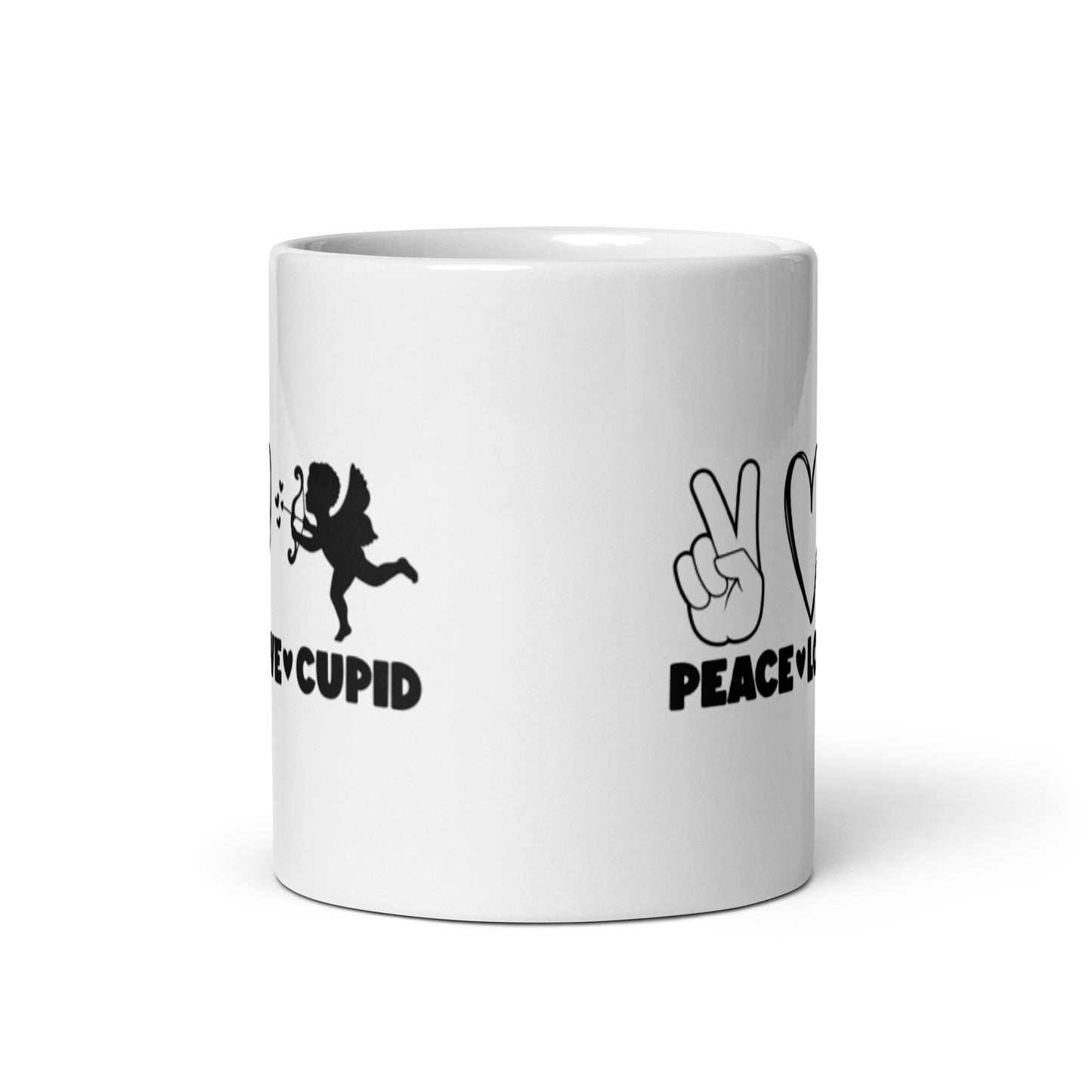 Peace Love Cupid White glossy mug