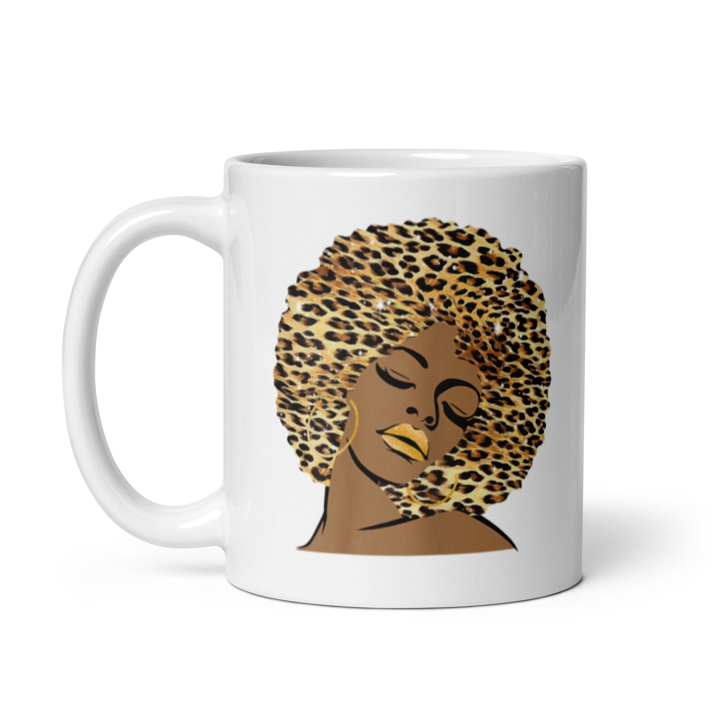 Cheetah Afro Girl White glossy mug