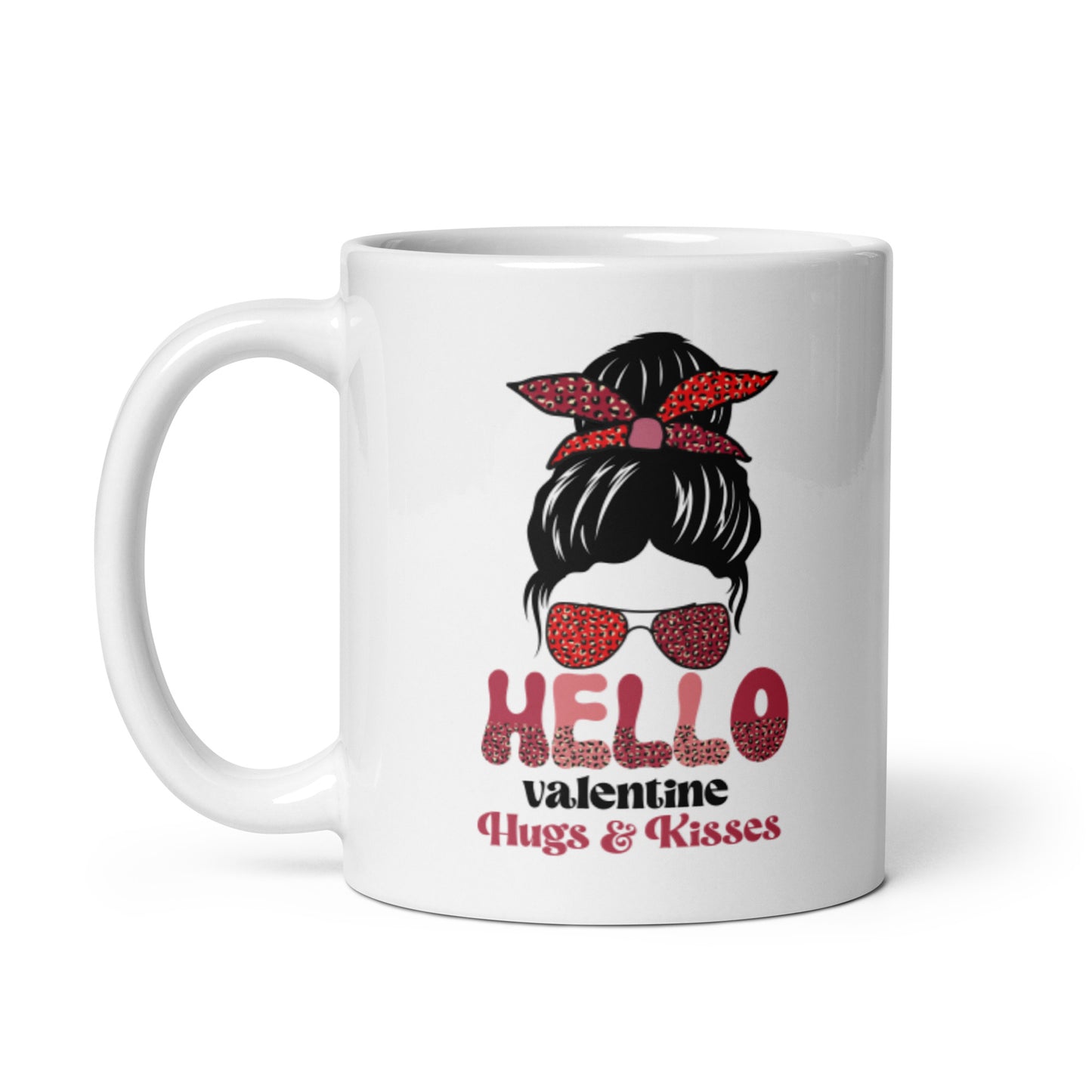 Hello Valentine Hugs and Kisses White glossy mug