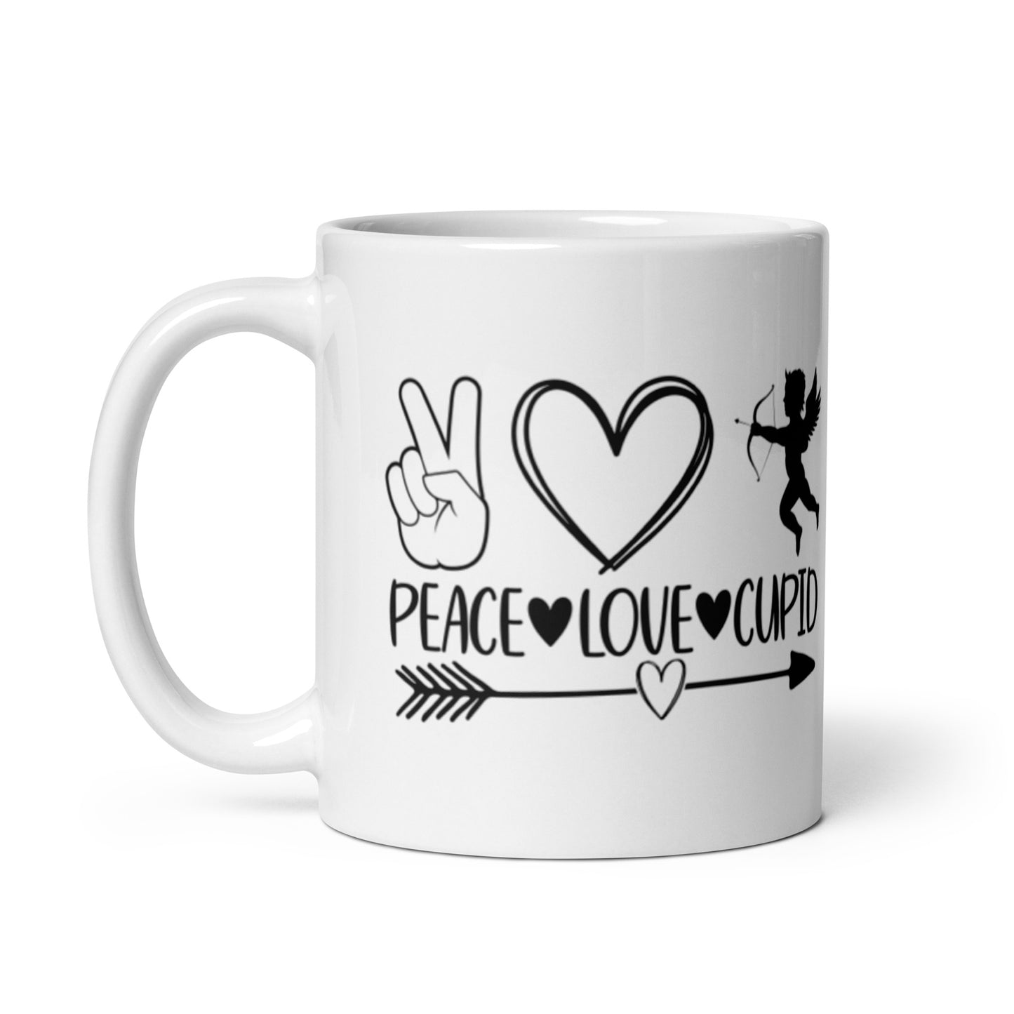 Peace Love Cupid White glossy mug