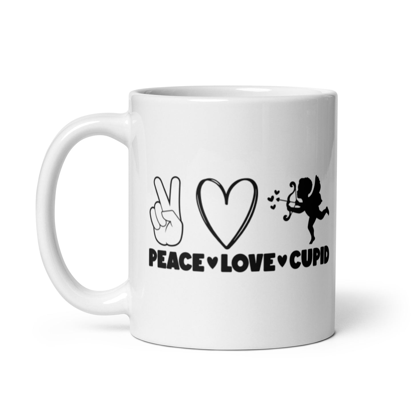 Peace Love Cupid White glossy mug