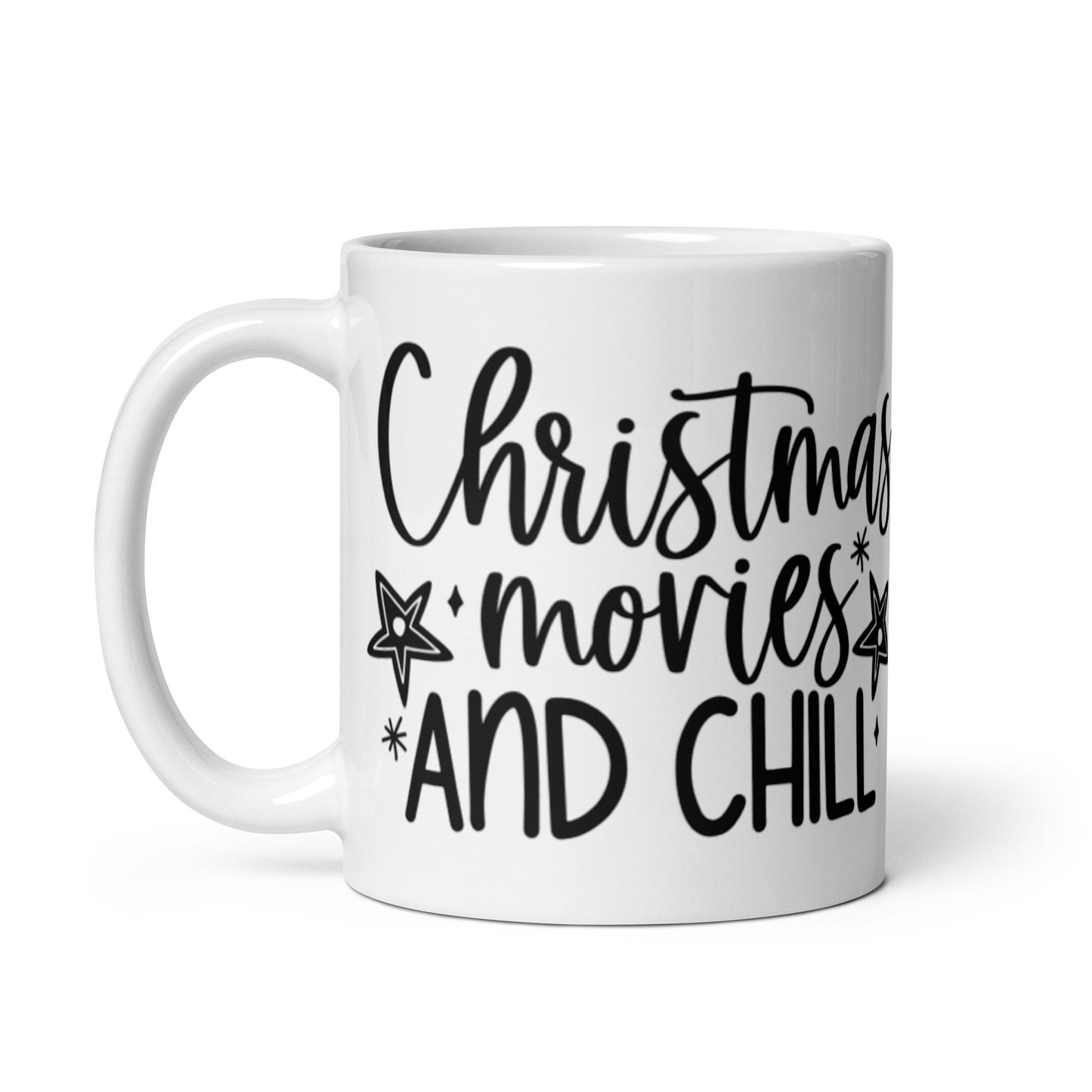 CHRISTMAS MOVIES AND CHILL White glossy mug