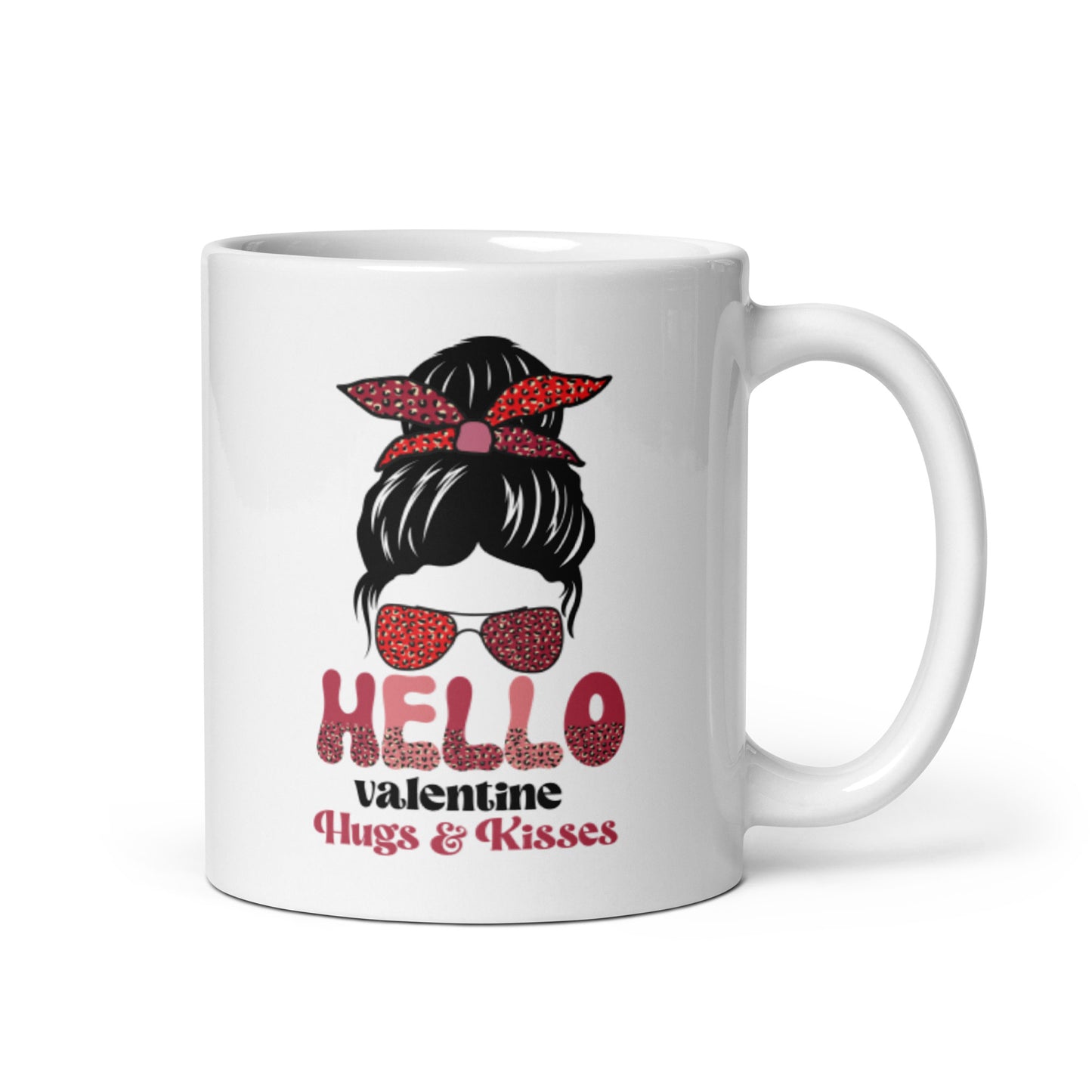 Hello Valentine Hugs and Kisses White glossy mug