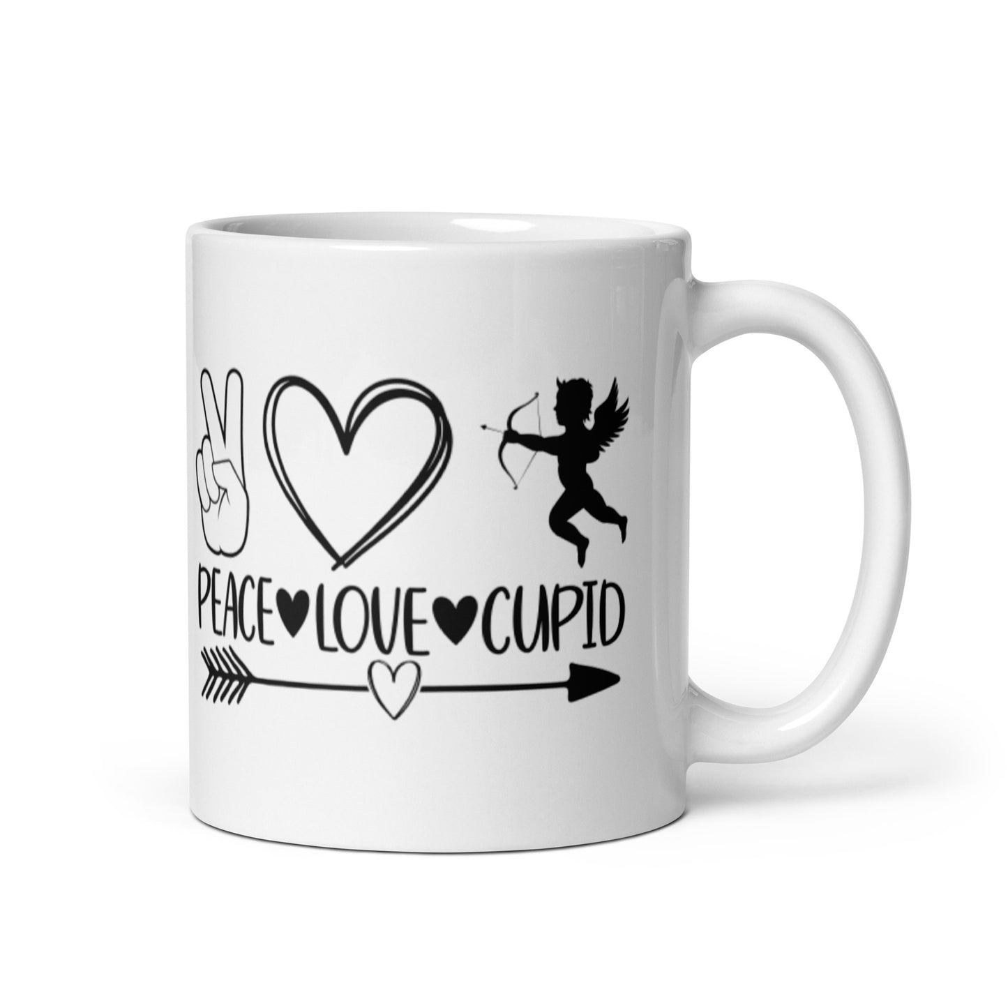 Peace Love Cupid White glossy mug