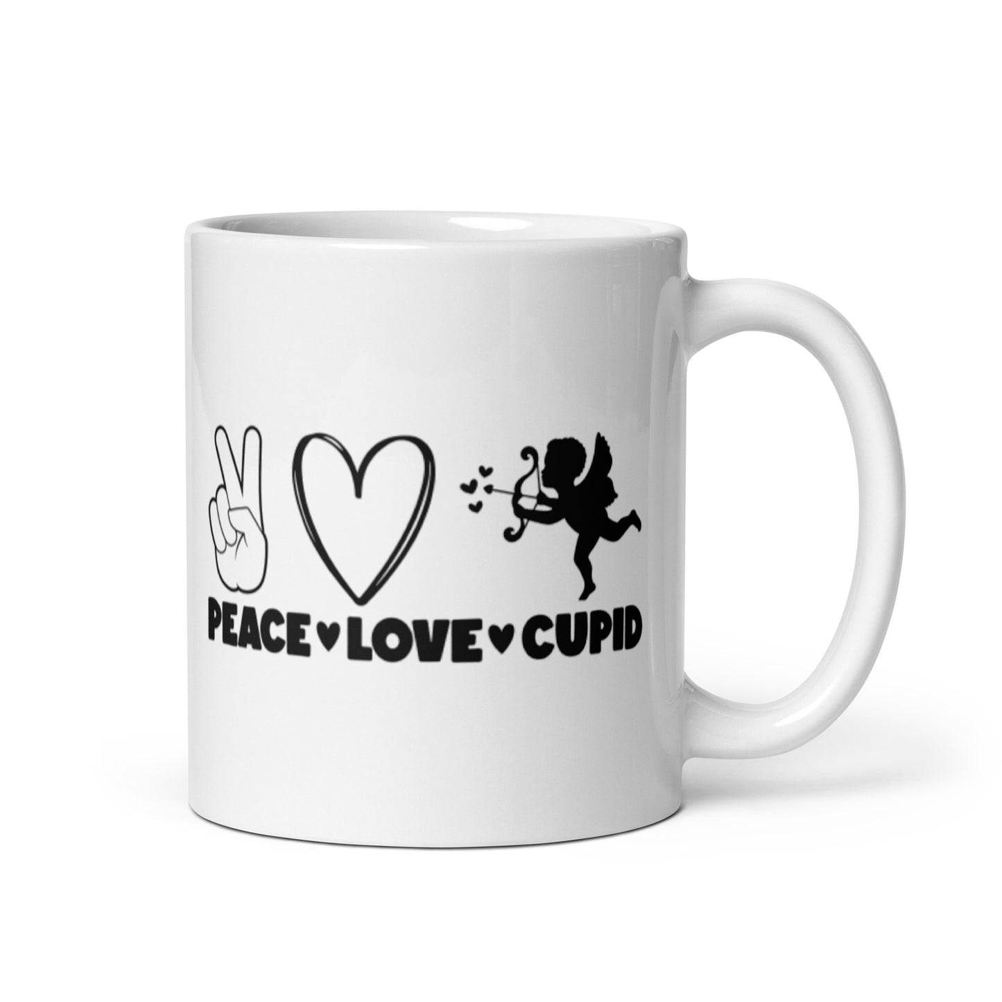 Peace Love Cupid White glossy mug