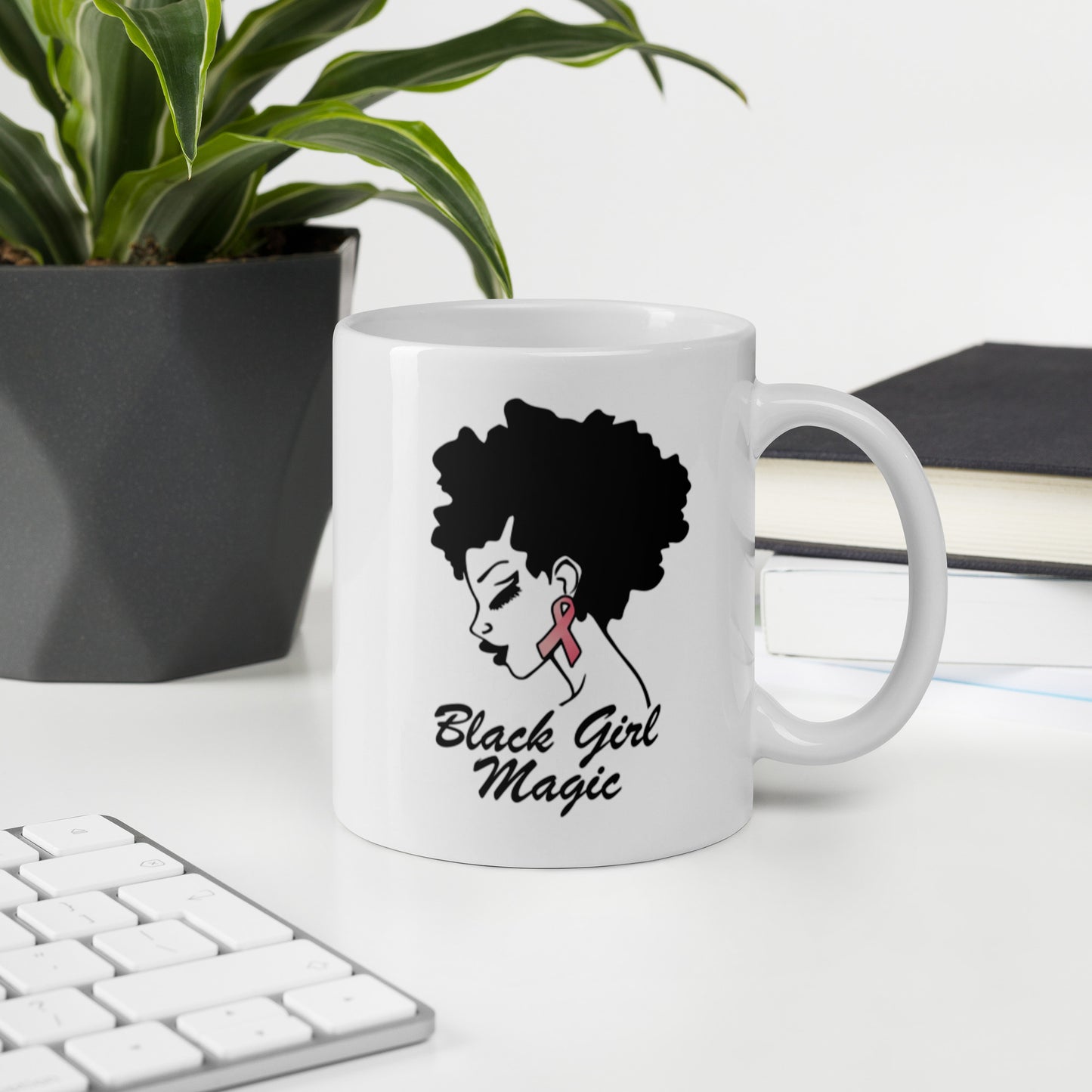 Black Girl Magic Breast Cancer Awareness White glossy mug