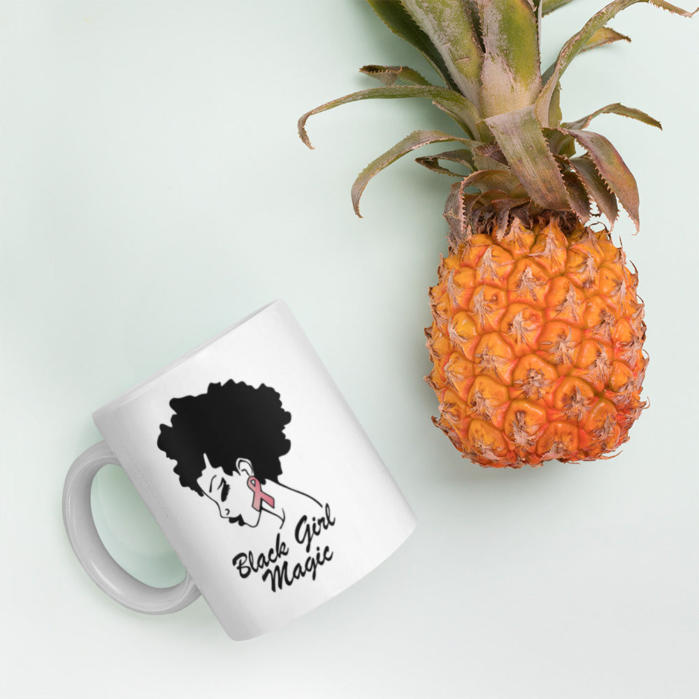 Black Girl Magic Breast Cancer Awareness White glossy mug