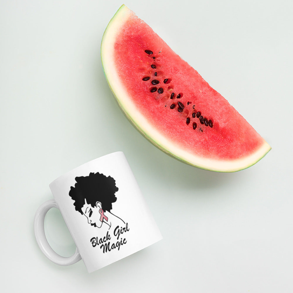 Black Girl Magic Breast Cancer Awareness White glossy mug