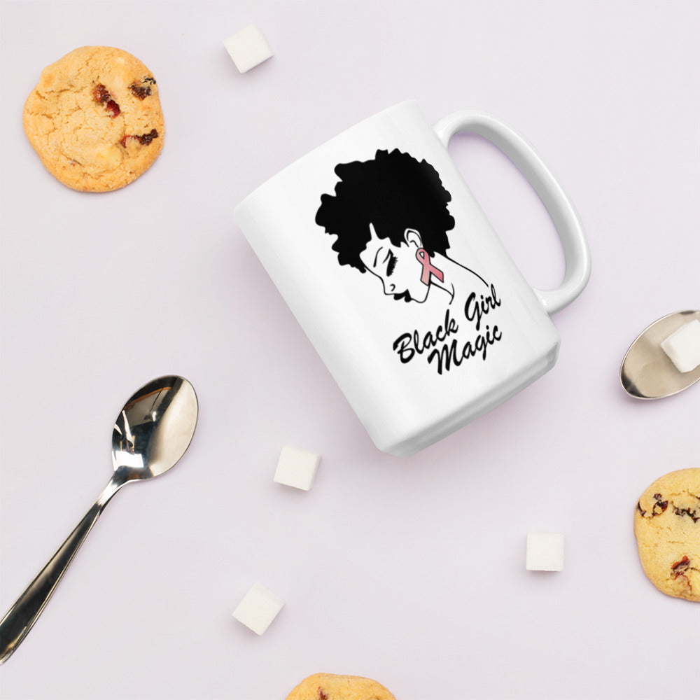 Black Girl Magic Breast Cancer Awareness White glossy mug