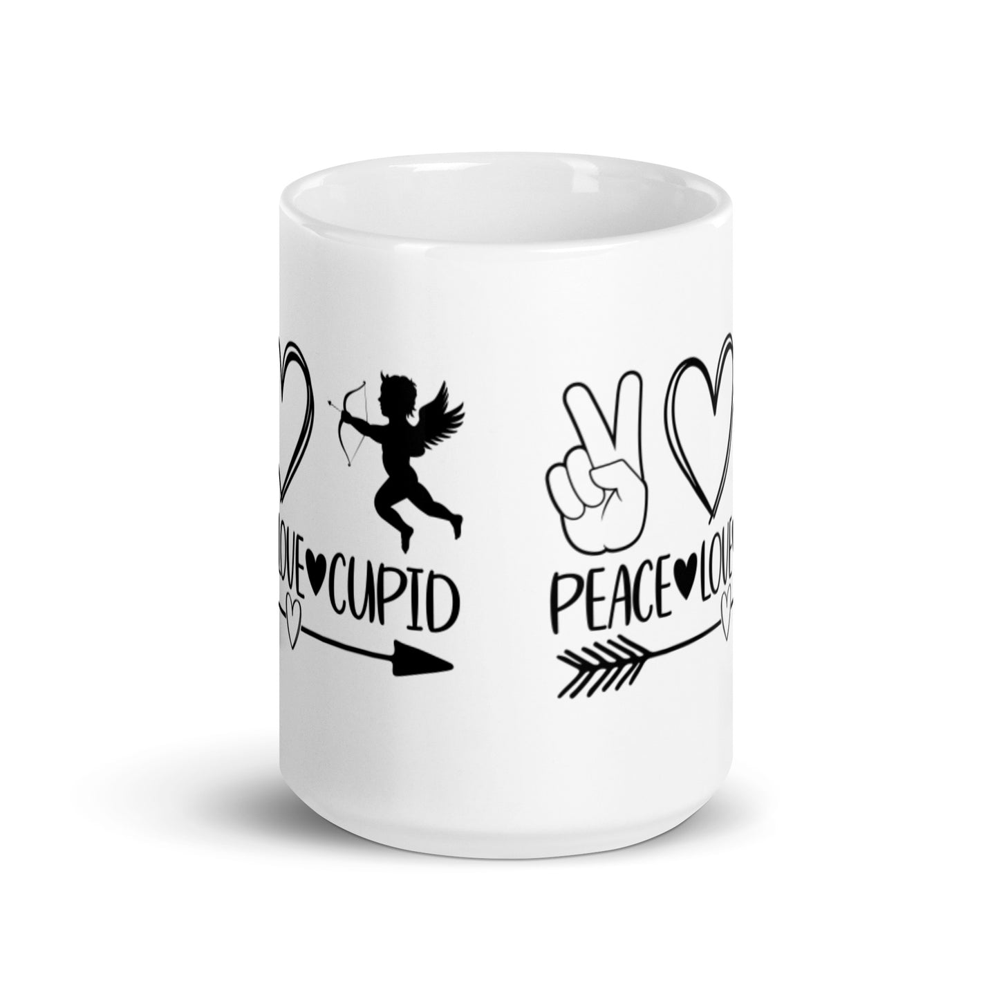 Peace Love Cupid White glossy mug