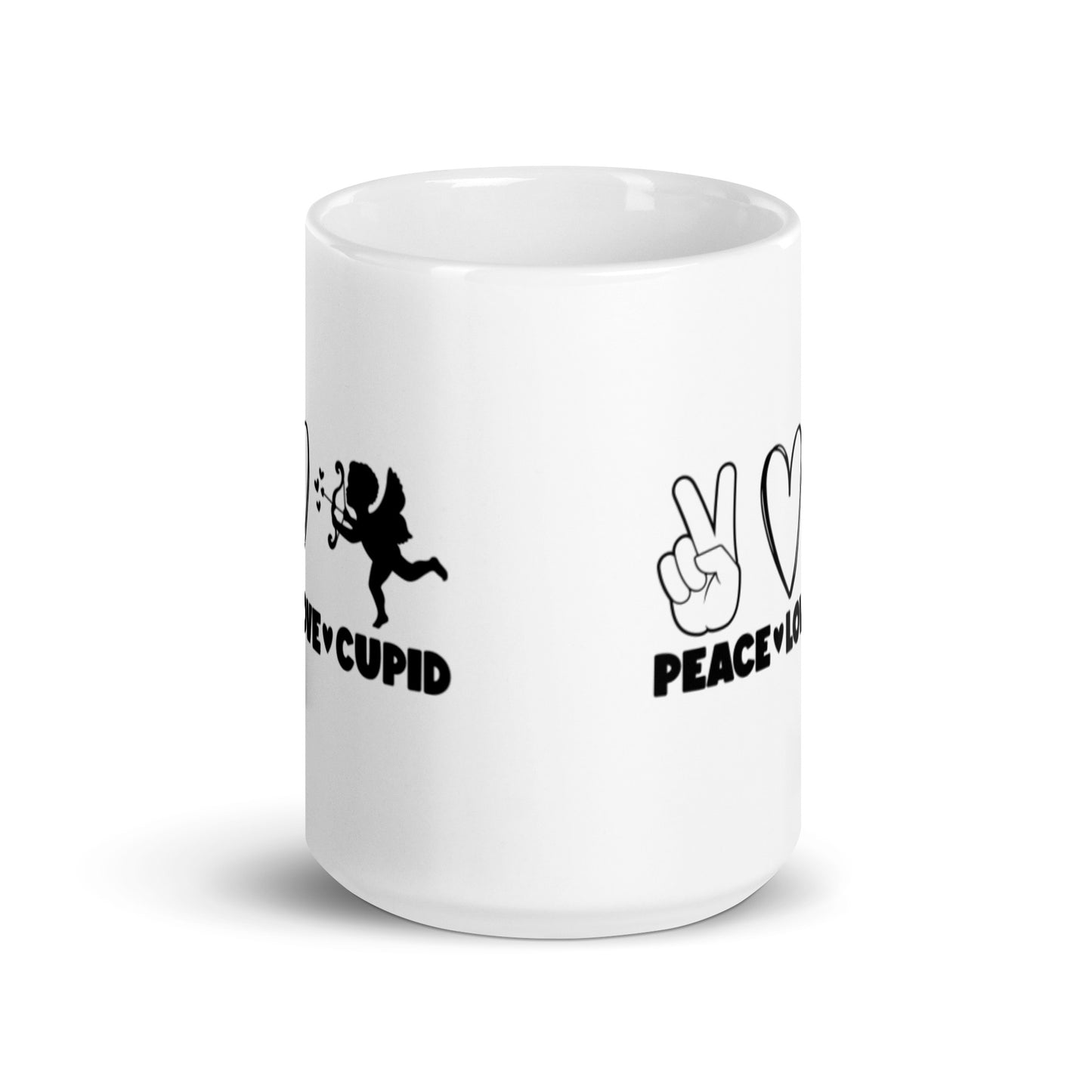 Peace Love Cupid White glossy mug