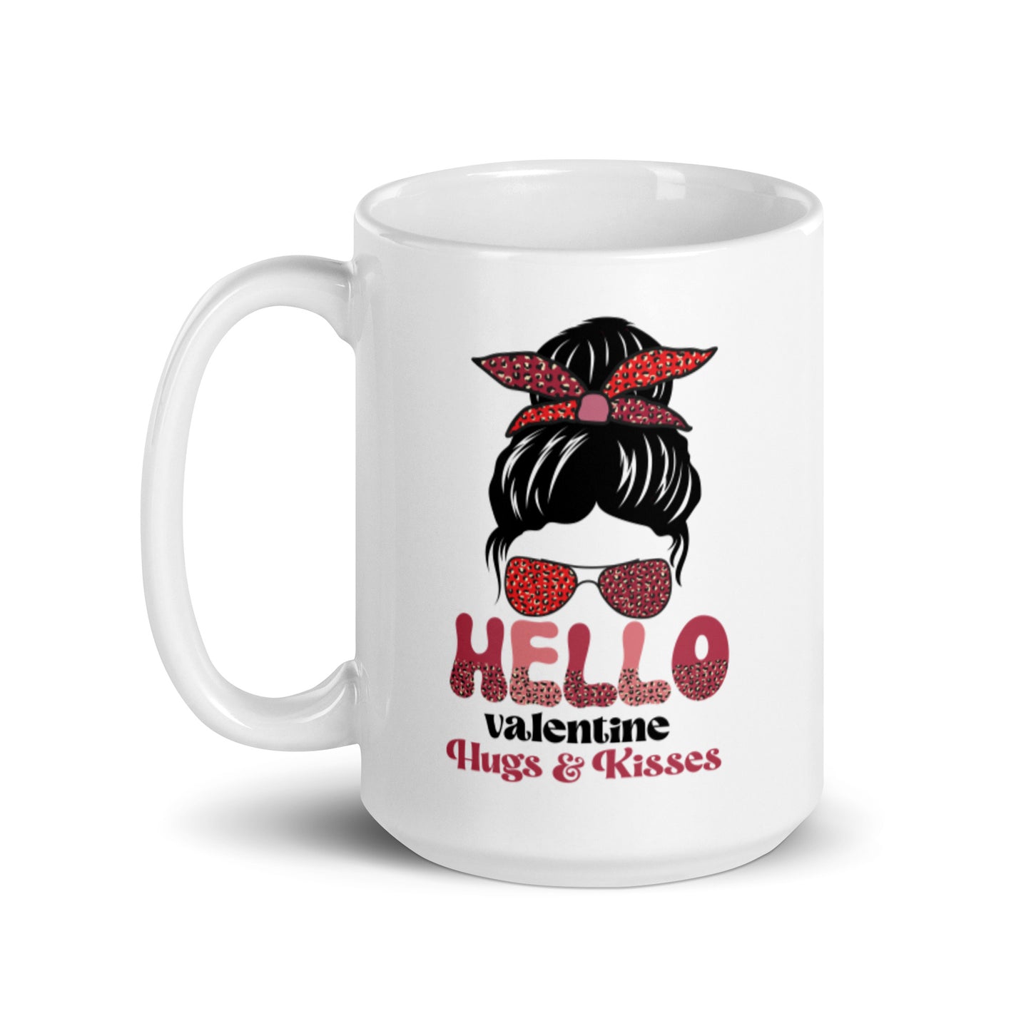 Hello Valentine Hugs and Kisses White glossy mug