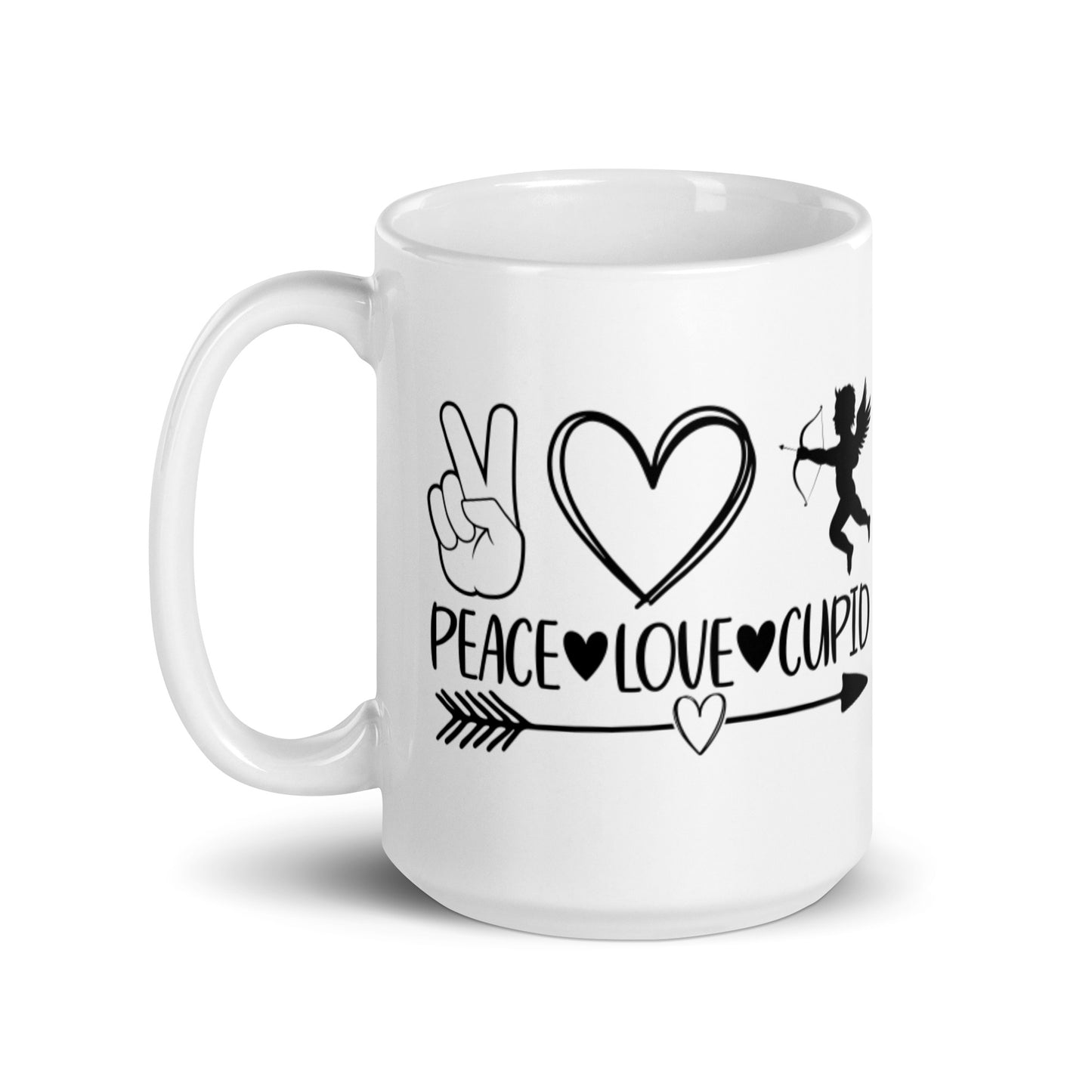 Peace Love Cupid White glossy mug