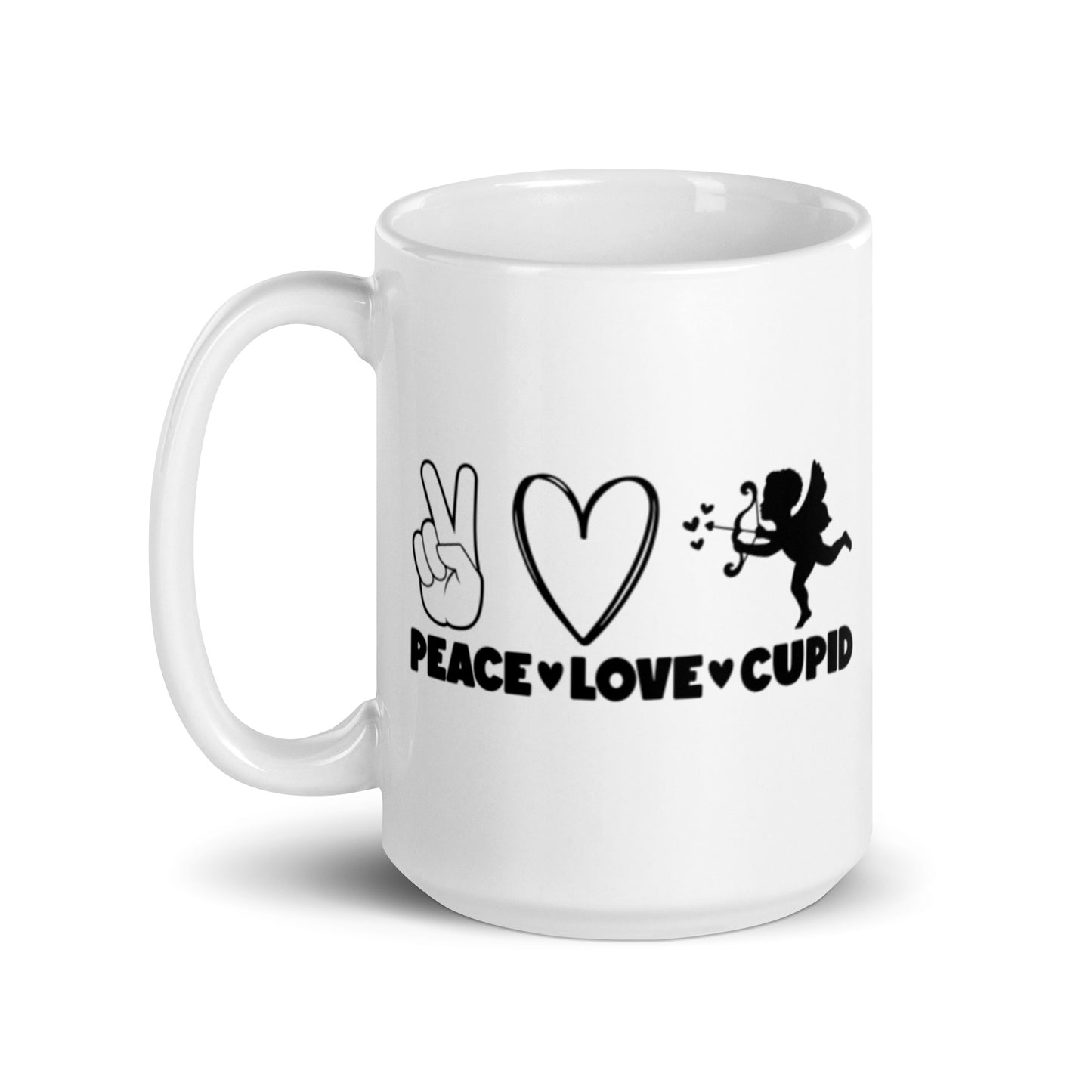 Peace Love Cupid White glossy mug