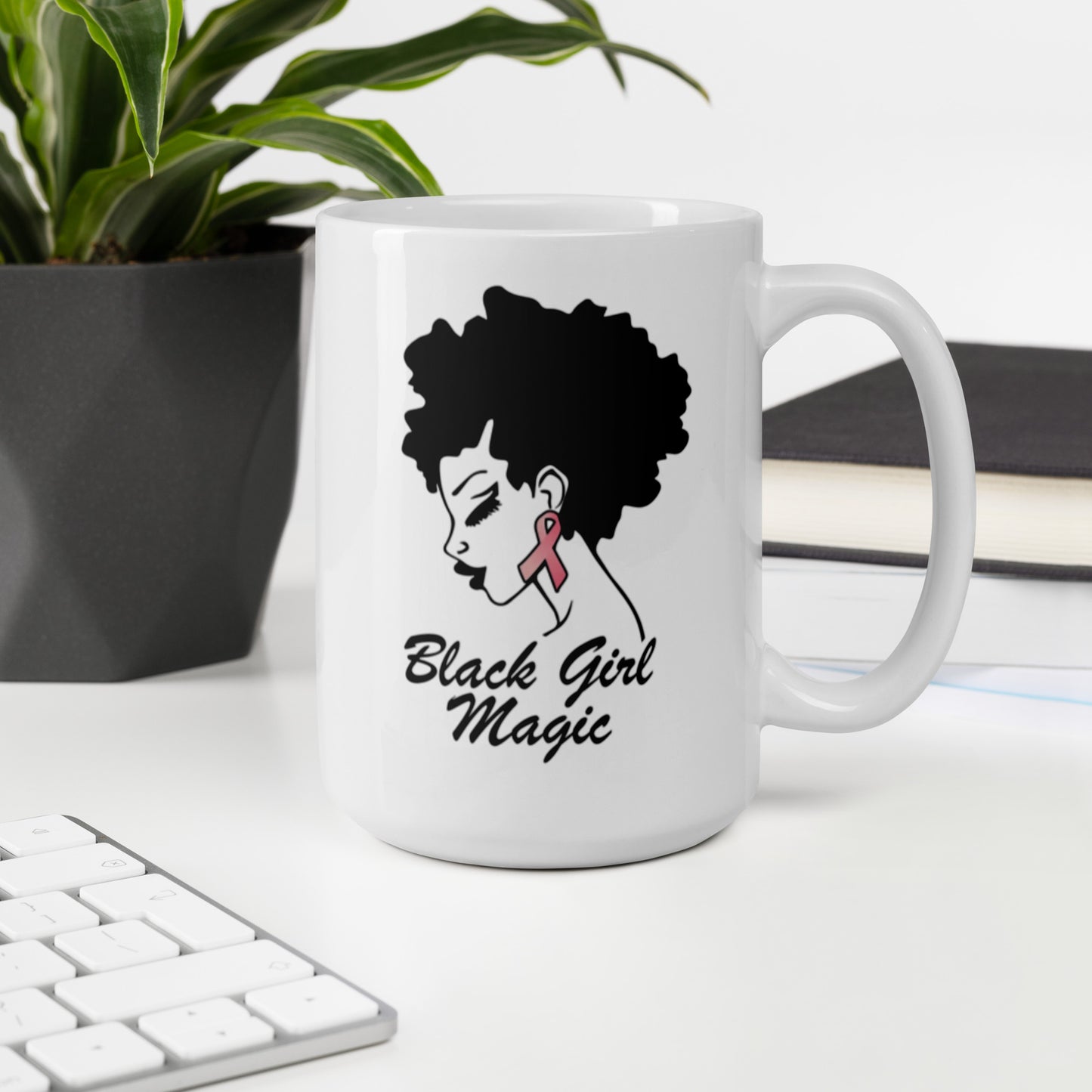 Black Girl Magic Breast Cancer Awareness White glossy mug