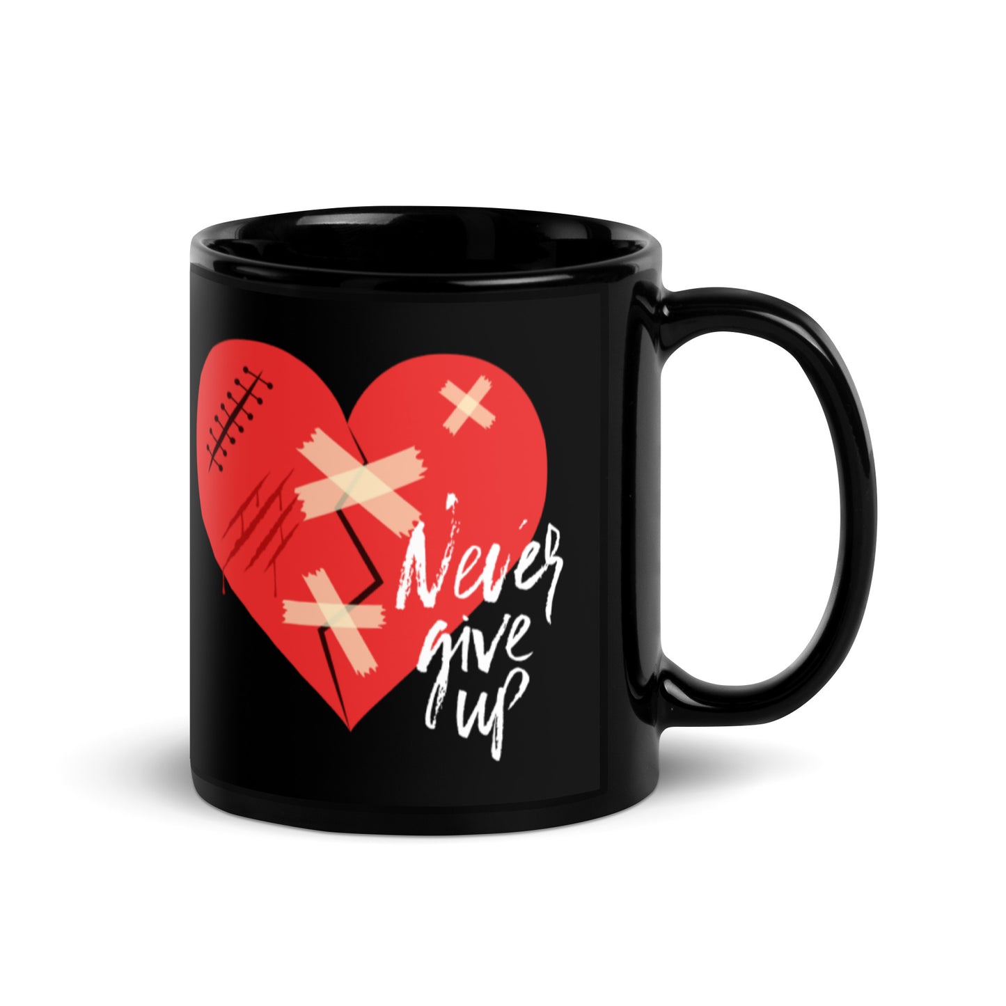 Never Give Up Black Glossy Mug