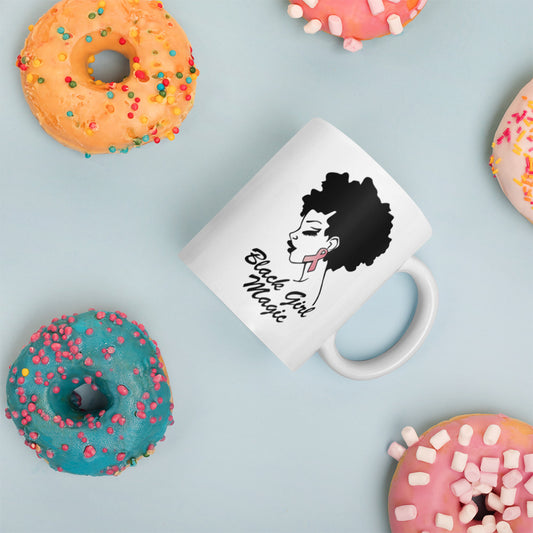 Black Girl Magic Breast Cancer Awareness White glossy mug