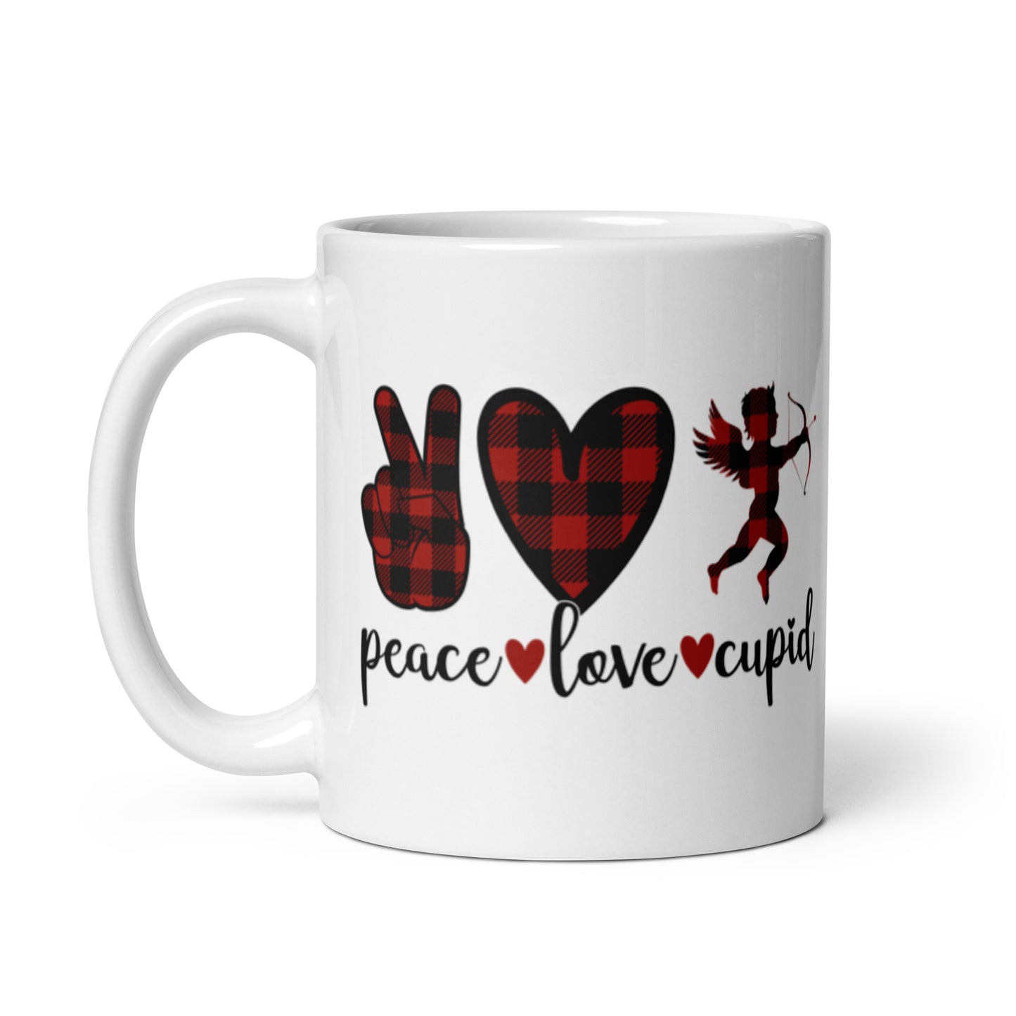 Peace Love Cupid White glossy mug