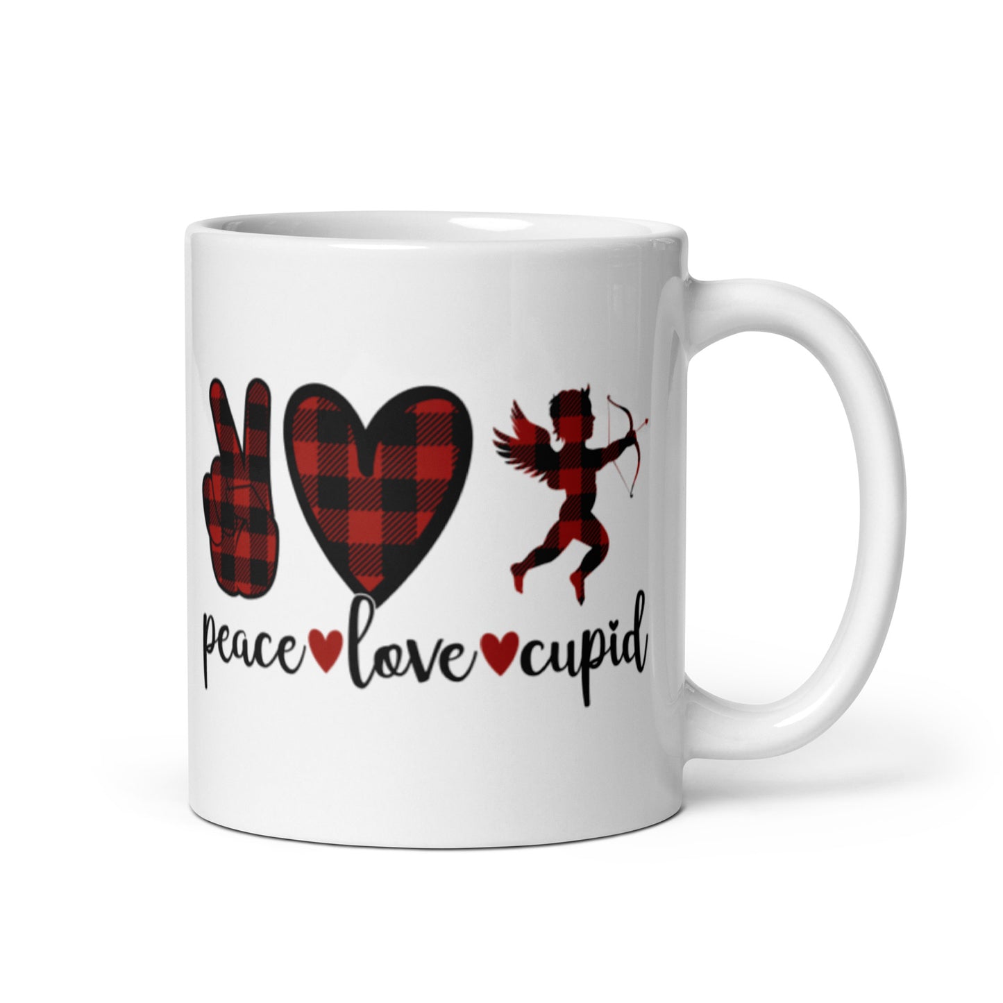 Peace Love Cupid White glossy mug