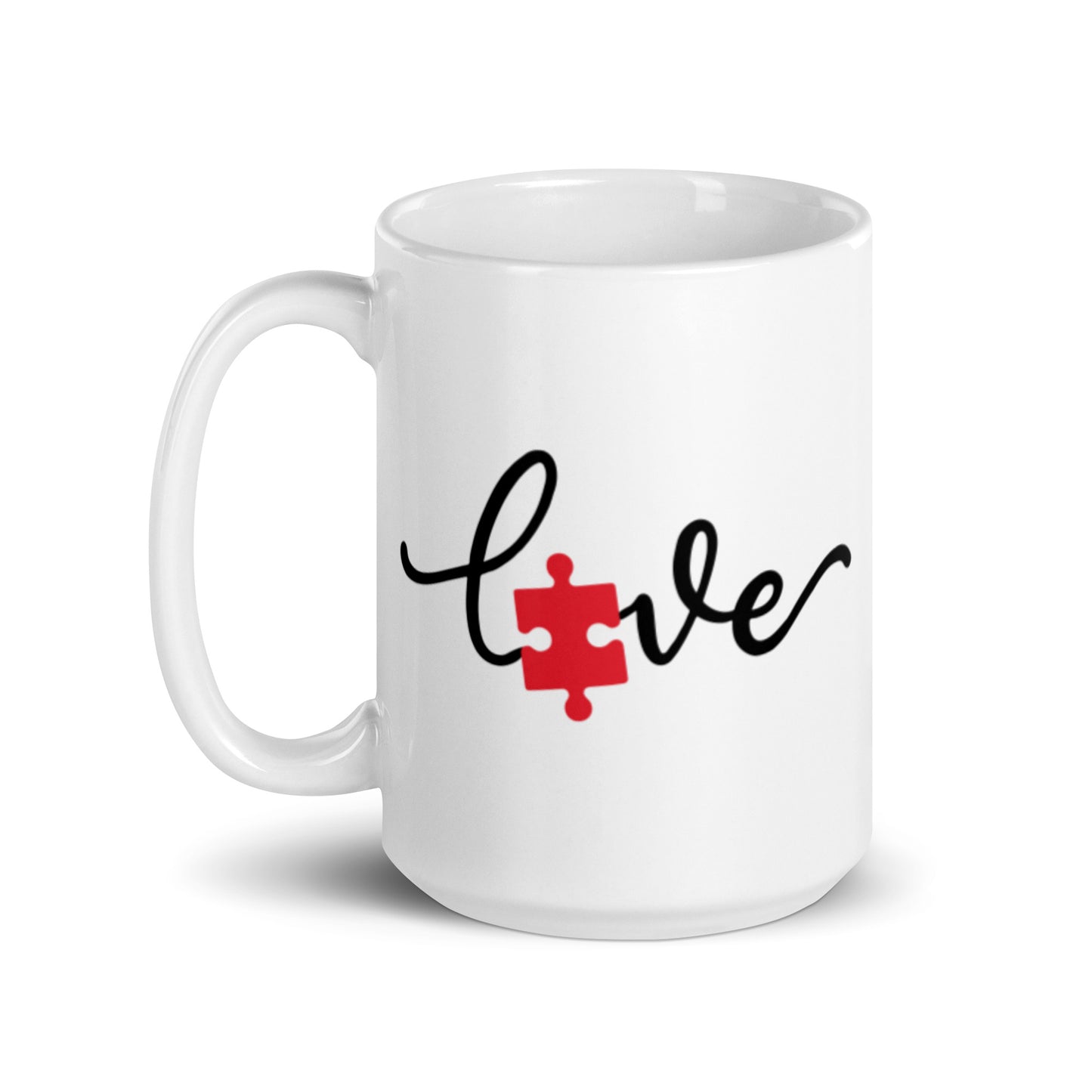 Love Autism Awareness Puzzle Piece White glossy mug