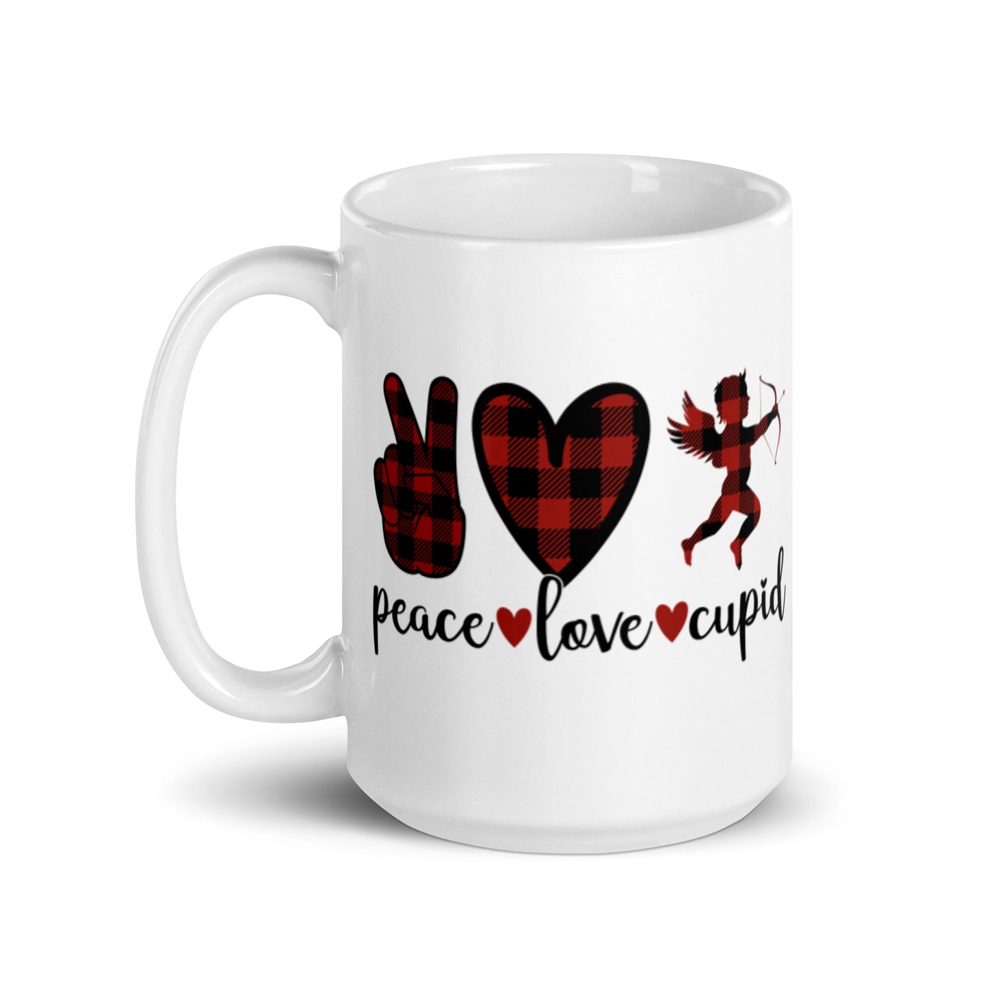 Peace Love Cupid White glossy mug