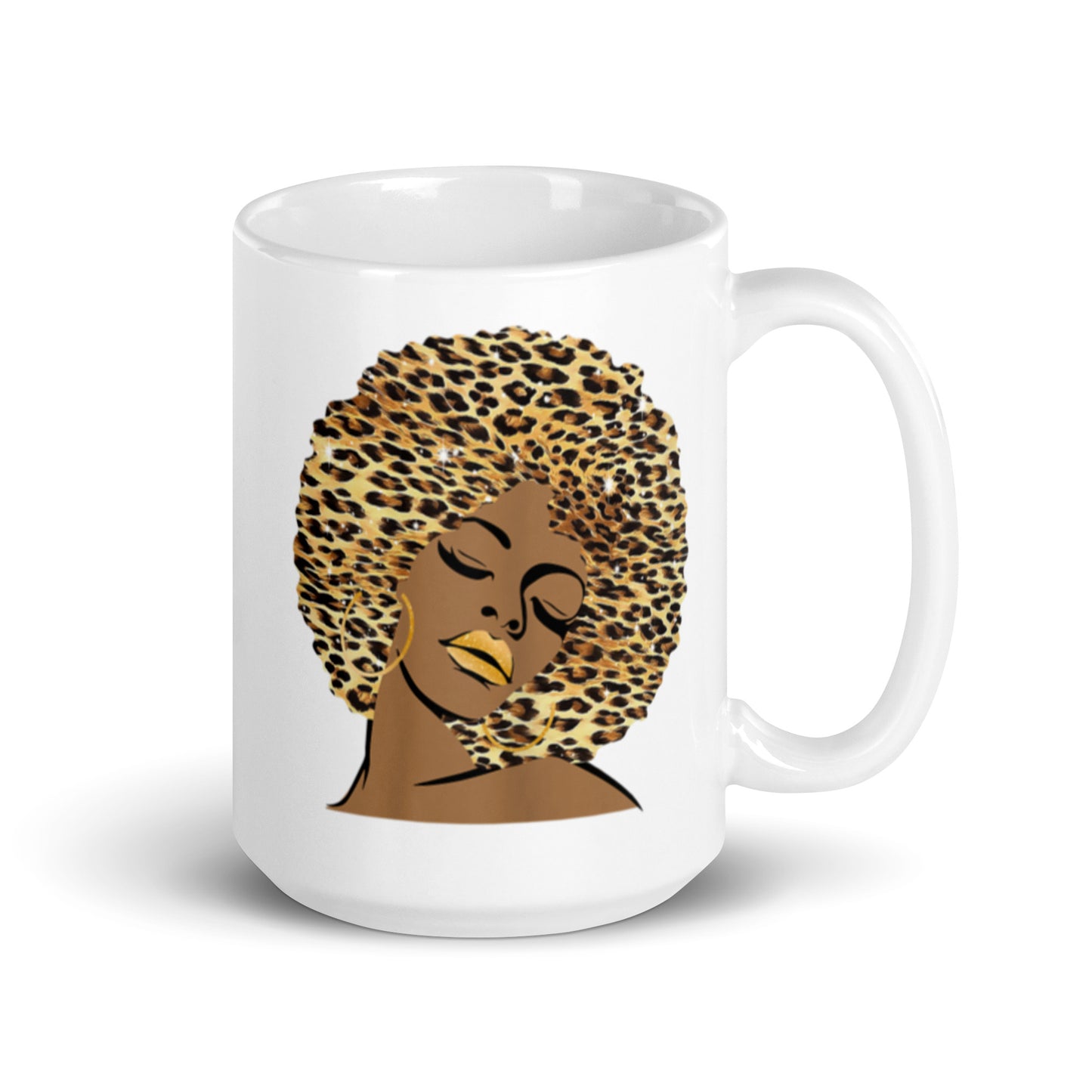 Cheetah Afro Girl White glossy mug
