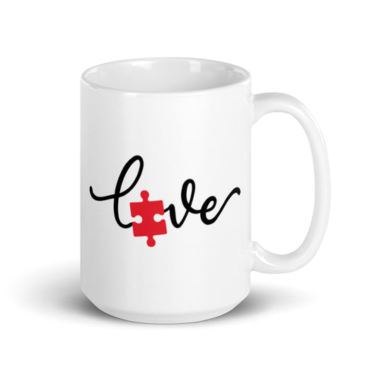 Love Autism Awareness Puzzle Piece White glossy mug