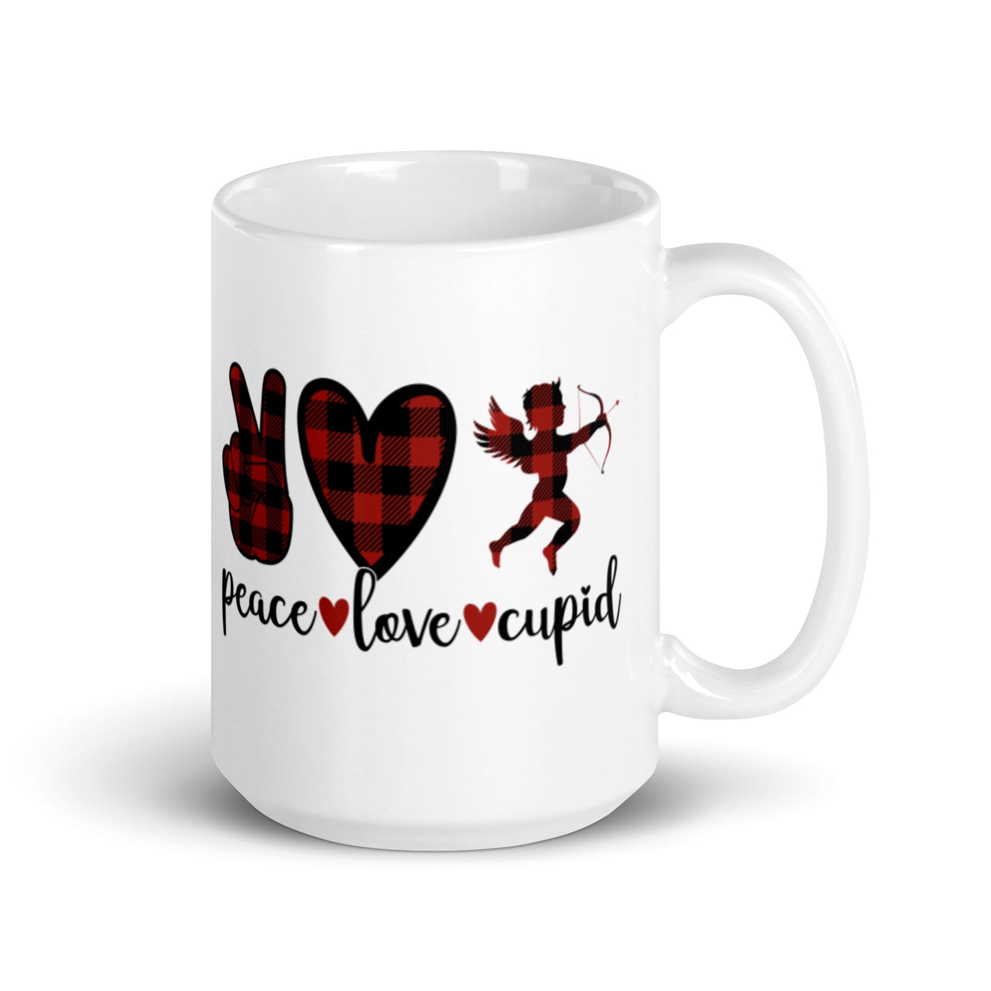 Peace Love Cupid White glossy mug