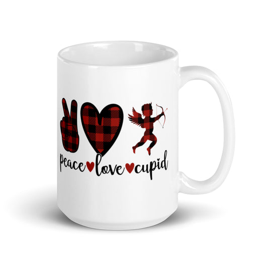 Peace Love Cupid White glossy mug
