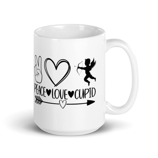 Peace Love Cupid White glossy mug
