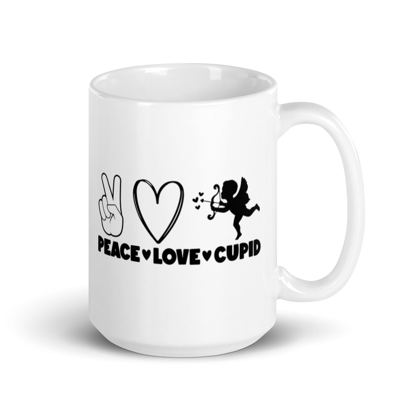 Peace Love Cupid White glossy mug