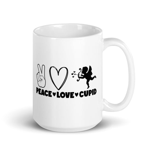 Peace Love Cupid White glossy mug