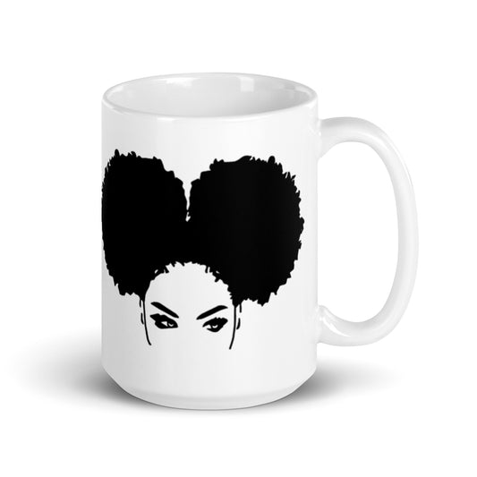 Face Afro Puffs  White glossy mug