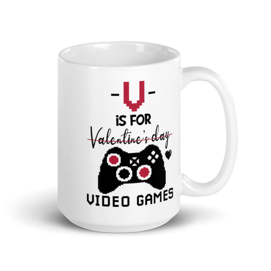 V is For Video Games White glossy mug